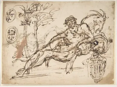 Reclining River God, a Goat's Head, and Studies of Heraldic Emblems (recto); Cavalier Standing on a Globe Supported by a Kneeling Giant (verso)