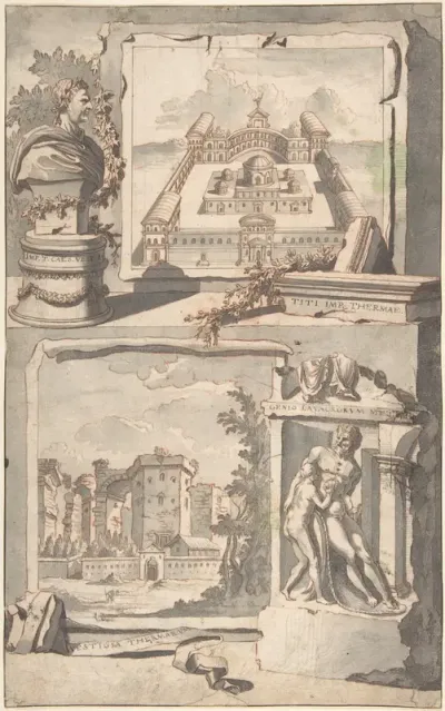 Reconstruction of the Thermae of Titus (above) and a View of the Ruins (below)