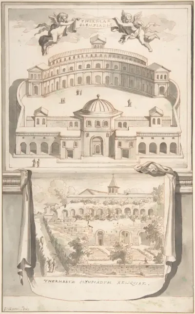 Reconstruction of the Thermae Olympiadis (above) and View of the Ruins (below)