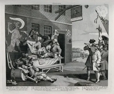 Recruitment and measurement of soldiers outside a village inn