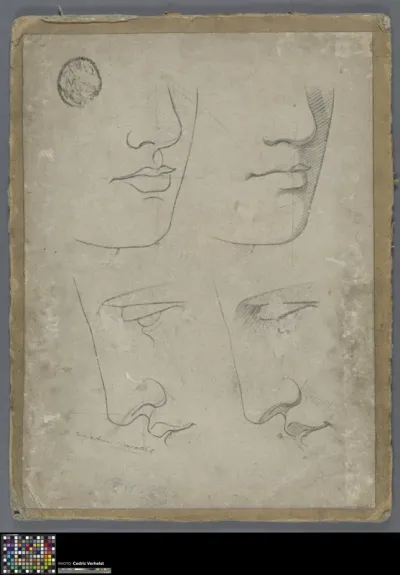 recto: Academic print with studies of faces, verso: Academic print of a young amazon