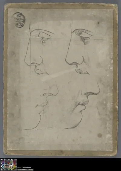 recto: Academic print with studies of faces, verso: Academic print with the head of the Holy Virgin