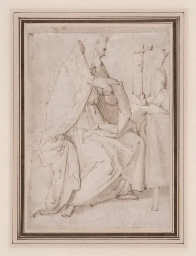 (recto) Seated Bishop Saint Praying Before a Crucifix; (verso) the cropped figure of a youth seen in frontal view (somewhat damaged).