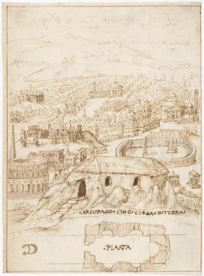 Recto: The Houses of the Barbarians (Vitruvius, Book 2, Chapter 1, nos. 3, 4); Verso: The Aeropagus in Athens with Cave Houses (Vitruvius, Book 2, Chapter 1, no. 5).