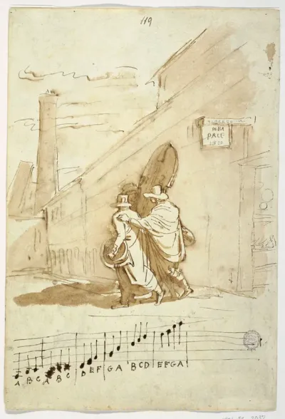 Recto: Three Musicians in Front of the Albergo Della Pace