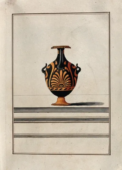 Red-figured Greek water jar (hydria) decorated with a palm motif