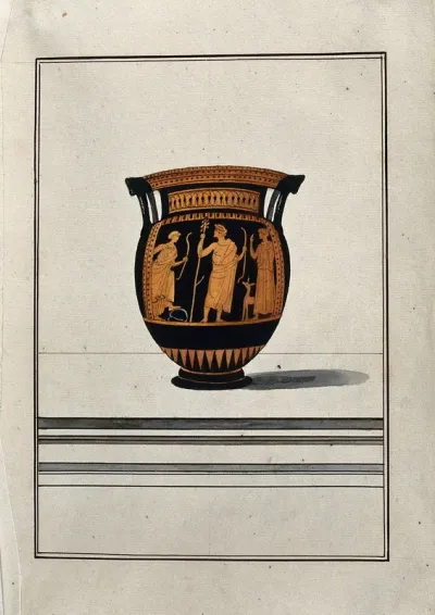 Red-figured Greek wine-mixing bowl (column-krater) decorated with two men holding bows and a woman with a dog (Artemis?)