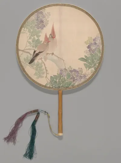 Red-Whiskered Bulbul and Azaleas in Moonlight 花鸟竹柄团扇