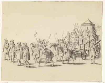 Rederijkersoptocht met een door paarden getrokken kar met koningin, 1620