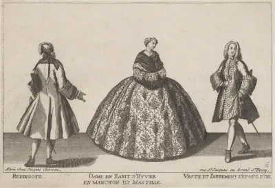 Redingote/Dame en Habit d'Hyver en Manchon/Veste et Parrement d'Etofe d'Or