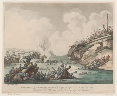 Rehearsal of a French Invasion as Performed before the Invalids at the Islands of St Marcou on the Morning of the 7th of May 1798