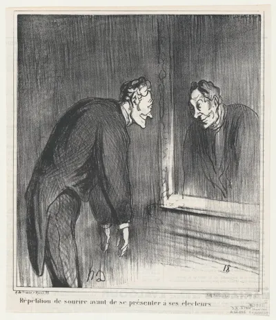 Rehearsing his smile before presenting himself to his constituency, from 'News of the day,' published in Le Charivari, April 20, 1869