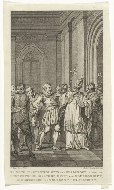Reinoud II van Brederode, wordt door de bisschop van Utrecht de ridderorde van het Gulden Vlies afgerukt, 1470