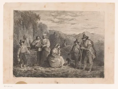 Reizende muzikanten bij een waterbron in het landschap
