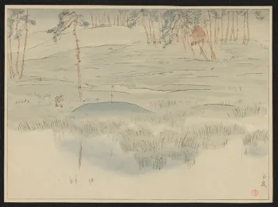 Reiziger in landschap met tempel nabij de plaats Hiraizumi