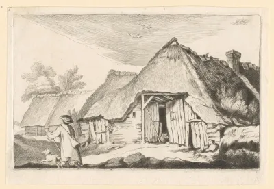 Reiziger met hond voor een boerderij