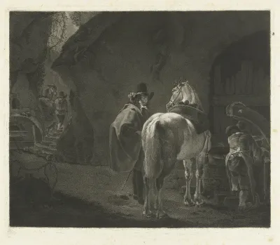 Reiziger met paard voor een herberg