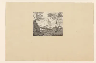 Reiziger op een bruggetje in berglandschap