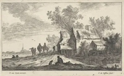 Reizigers bij een huis aan het water