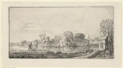 Reizigers bij een kapel aan een rivier