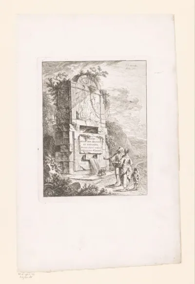 Reizigers bij een ruïneuze fontein langs een pad