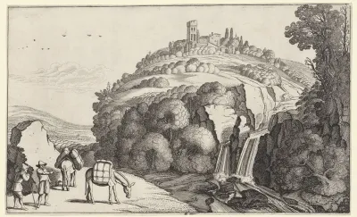 Reizigers bij een waterval in een berglandschap