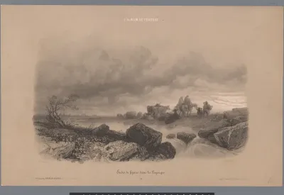 Reizigers en koeien aan een beek in een landschap