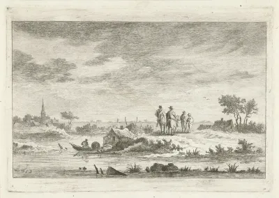 Reizigers in een rivierlandschap