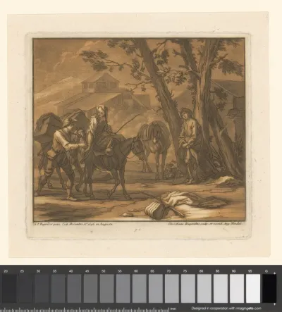 Reizigers met bepakte paarden