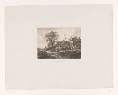 Reizigers met een meiboom voor een herberg