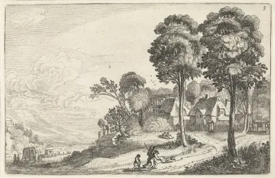 Reizigers op een pad bij een dorp