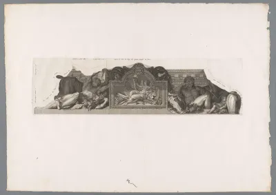 Reliëf geflankeerd door Hercules met de stier van Kreta en Hercules met een paard van Diomedes