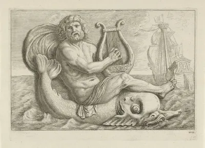 Reliëf met Arion op de dolfijn boven de deur naar de Assurantiekamer in het Stadhuis op de Dam