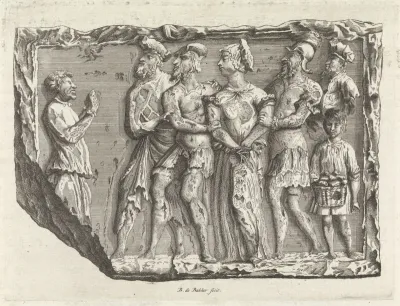 Reliëf met soldaten met vastgebonden vrouw of heilige