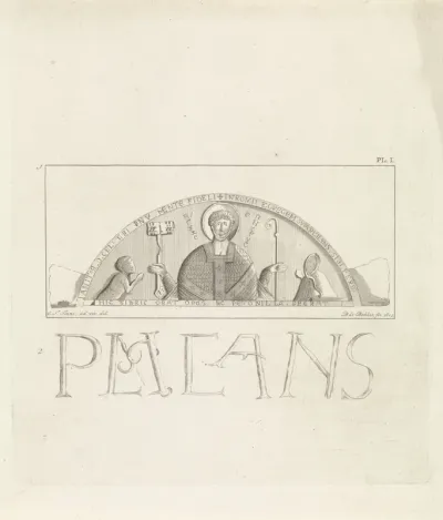 Reliëf op het timpaan van Egmond met heilige Petrus en graaf Dirk VI van Holland en gravin Petronella