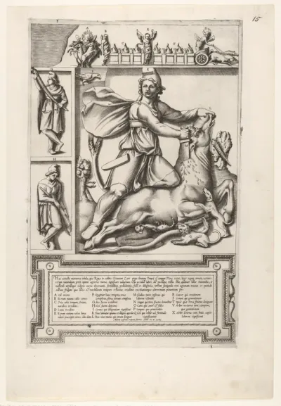 Relief with Mithras kneeling upon a bull and driving a sword into its shoulder, at left two smaller standing figures, one holding a sheathed sword and one holding a sword, a frieze with chariots and serpents coiled around figures above