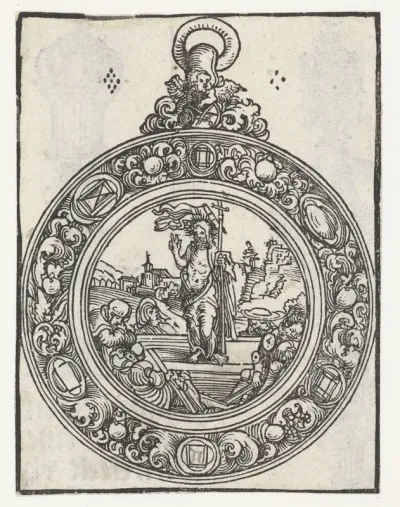 Reliekhouder in vorm van medaillon met de opstanding van Christus