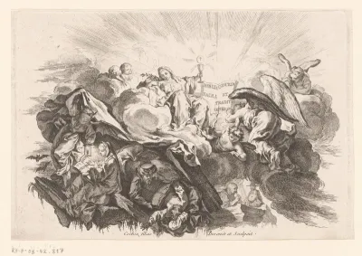 Religieuze voorstelling met figuren in wolken