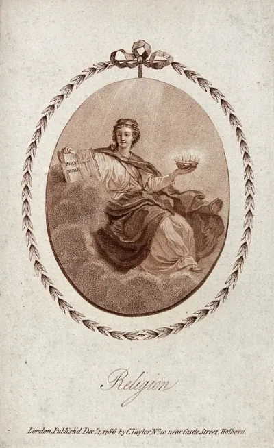 Religion seated on clouds holding the Bible and a crown