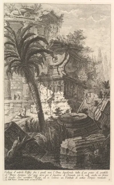 Remains of ancient buldings among which stands the sepulchral urn of Marcus Agrippa made entirely of porphyry, which serves today as the Tomb of Clement XII... (Vestiggi d'antichi Edifici fra i quali evvi l'Urna Sepolcrale tutta d'un pezzo di...), fr