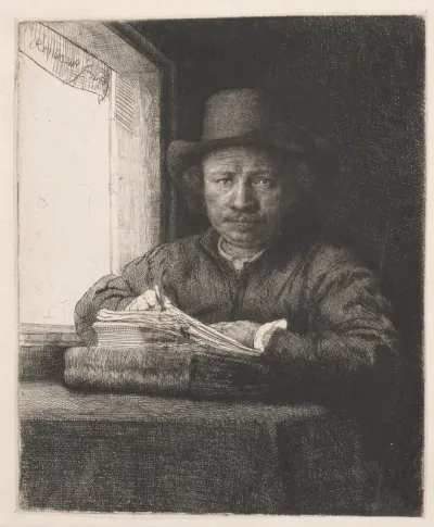 Rembrandt, tegnende ved et vindue