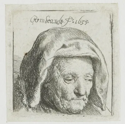 Rembrandt's moeder met een hoofddoek, blik naar beneden gericht: alleen de kop