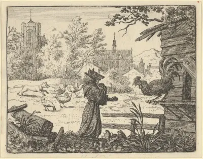 Renard, Disguised as a Monk, Gains the Confidence of the Rooster from Hendrick van Alcmar's Renard The Fox