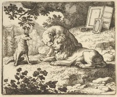 Renard Lies that he Gave the Ram Various Precious Objects that Were Meant for the Lion and Lioness from Hendrick van Alcmar's Renard The Fox