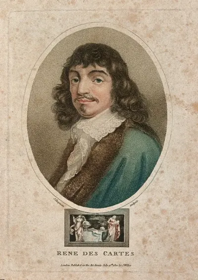 René Descartes. Coloured stipple engraving by J. Chapman, 1800, after F. Hals, 1649