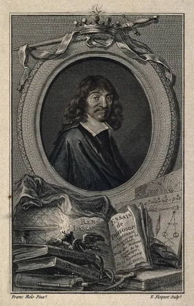 René Descartes. Line engraving by E. Ficquet, 1767, after F. Hals, 1649