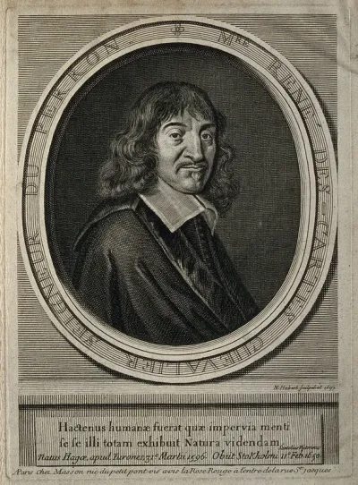 René Descartes. Line engraving by N. Habert, 1697, after F. Hals, 1649