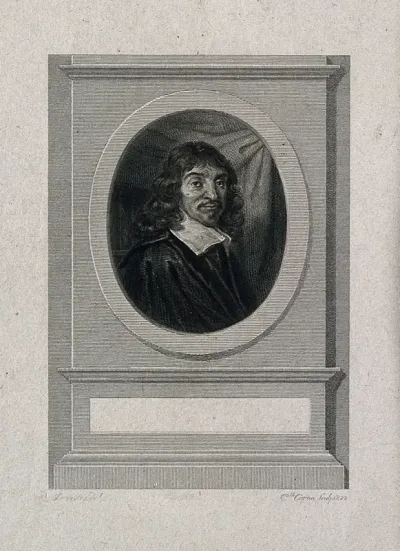 René Descartes. Line engraving by T. Caron, 1822, after Devéria after F. Hals, 1649
