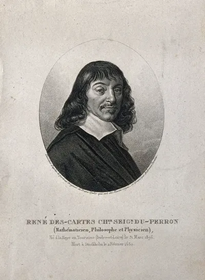 René Descartes. Stipple engraving by A. Tardieu after F. Hals, 1649