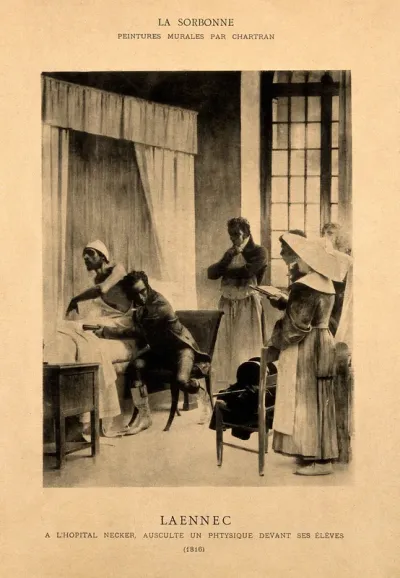René Théophile Hyacinthe Laënnec auscultating a tubercular patient at the Necker Hospital, Paris, 1816